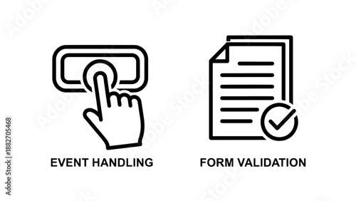 Event Handling and Form Validation Icons Representing User Interface Interactivity and Data Verification in Software Development