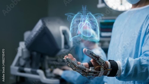 Surgeon operating robotic arm with augmented reality hologram of heart and lungs, representing advanced medical technology, precision surgery, and future healthcare innovation.