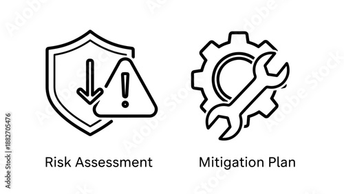 Risk Assessment and Mitigation Plan Icons Highlighting Security, Problem Solving, and Strategic Business Maintenance