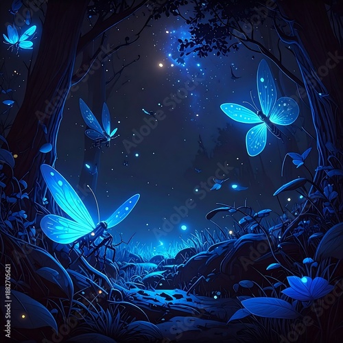 A serene nighttime forest scene illuminated by glowing blue butterflies and fireflies amidst trees and foliage