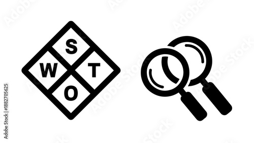 SWOT Analysis and Magnifying Glass Strategic Planning Icons for Business Evaluation and Research