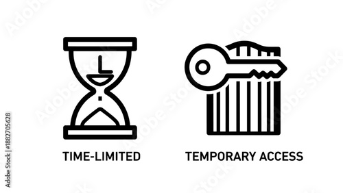 Time Limited and Temporary Access Security Icons Showing Hourglass and Key Permissions