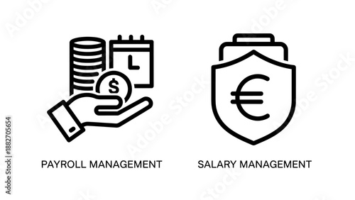 Payroll and Salary Management Finance Icons Illustrating Employee Payment and Euro Protection