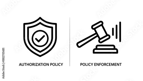 Authorization Policy and Legal Enforcement Icons Showing Shield Compliance and Justice Gavel