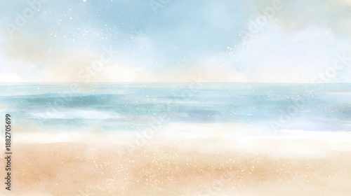 Dreamy watercolor beach illustration serene seascape soft pastel hues commercial stock art peaceful coastal scene