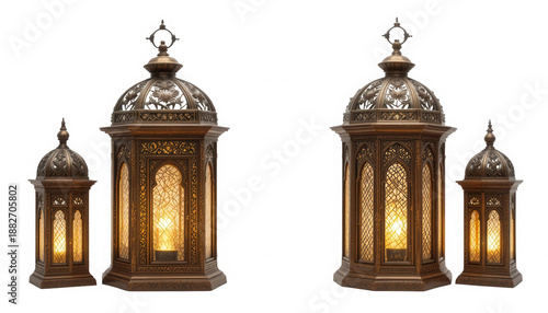 Pair of ornate antique bronze Moroccan Ramadan lanterns casting warm glowing light with intricate metalwork details on transparent background
