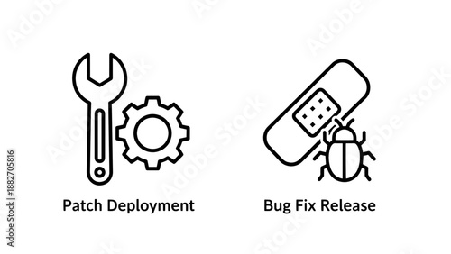 Patch Deployment Wrench and Gear and Bug Fix Release Bandage Icons, Software Maintenance and Technical Support Concept Graphics