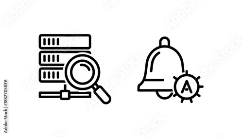 Server Monitoring Magnifying Glass and Notification Alarm Bell Icons, IT Infrastructure Management and System Security Alerts for Tech Support