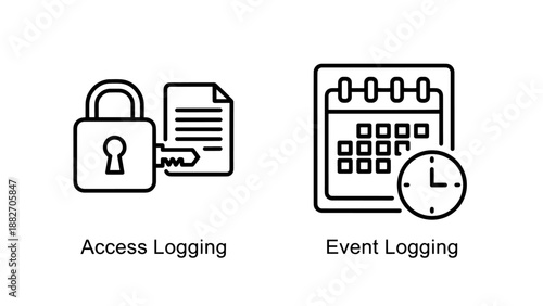 Access Logging Lock and Key and Event Logging Calendar Icons, Data Security and Activity Tracking System Graphics for Information Audit