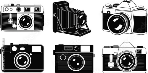 Vintage retro photo camera vector illustration set, analog photography equipment icons for professional photographers and hobbyists