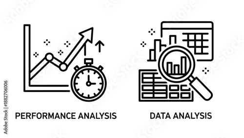 Business Performance and Data Analysis Icons Featuring Growth Charts Magnifying Glass and Financial Metrics