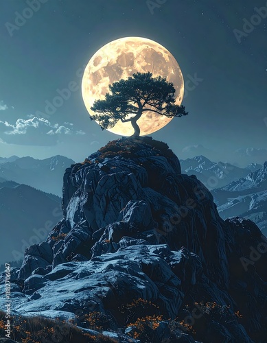 A serene nighttime landscape featuring a large moon behind a tree on a mountain peak