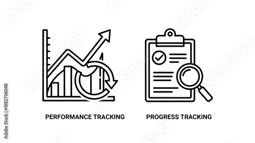 Project Performance and Progress Tracking Icons Featuring Analytical Charts and Checklist Audits