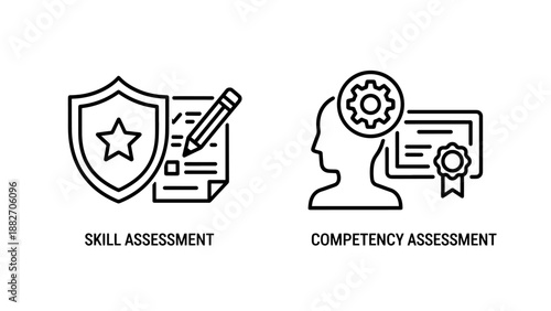 Employee skill and competency assessment icons for professional evaluation and certification processes.