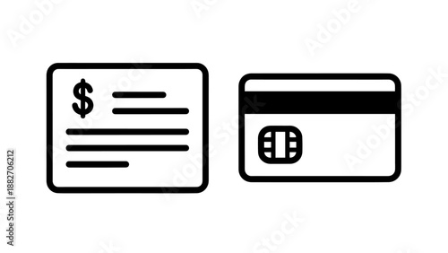 Financial Payment Icons Featuring a Dollar Bill Document and Credit Card for E-commerce Banking and Business Transaction Concepts