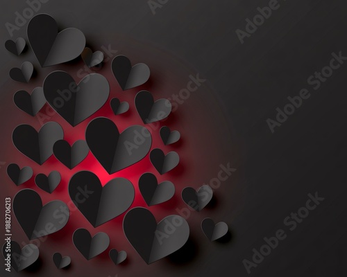 3D Black Paper Hearts on Dark Background with Red Glow - Luxury Valentine Concept for Modern Romantic Graphic Design
