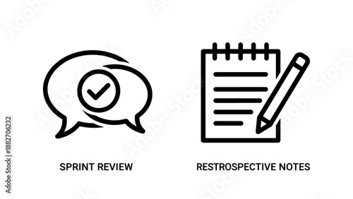 Sprint Review and Retrospective Notes Agile Project Management Icons for Software Development Team Feedback and Continuous Improvement