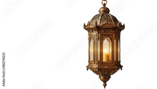 Ornate antique bronze hanging lantern featuring a warm glowing candle illuminates the darkness with classic elegance on transparent background