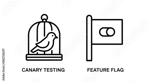 Software Deployment Icons Illustrating Canary Testing and Feature Flag Strategies for Developers