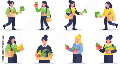 Women shopping for fresh produce with bags