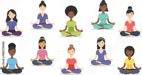 Diverse women meditating in lotus position