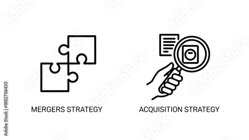 Business Mergers Strategy Puzzle and Corporate Acquisition Document Search Line Icons