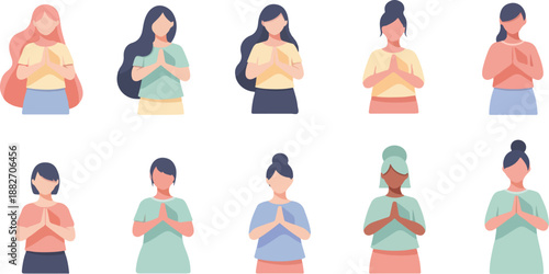 Diverse women praying hands together in various styles