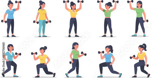 Woman exercising with dumbbells in various poses