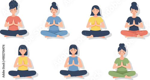 Women meditating in lotus position with transparent background
