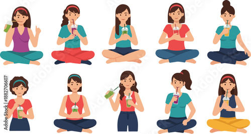 Women meditating and drinking smoothies with transparent background