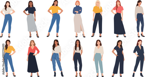 Women in stylish outfits standing poses fashion collection