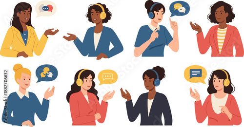 Customer service representatives communicating with speech bubbles