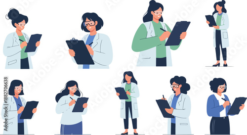 Female scientists with clipboards and lab coats