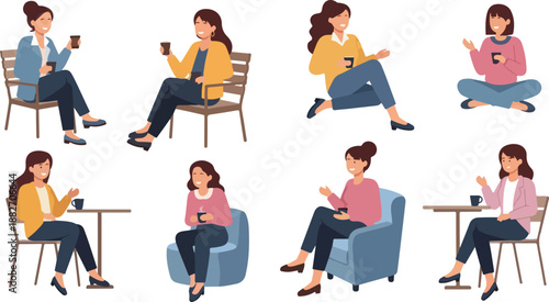 Woman sitting relaxing with coffee in various poses