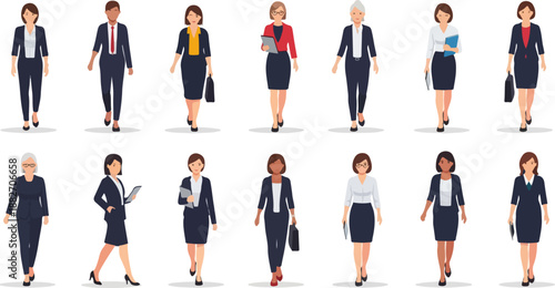 Businesswomen walking in suits with transparent background