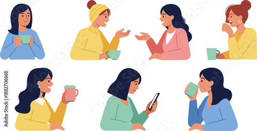 Women chatting and drinking tea in various poses