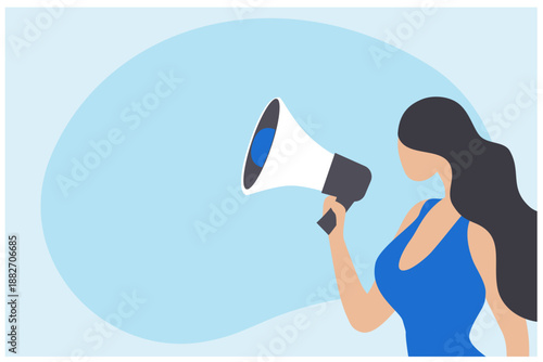 Message and announcement concept. Woman holding megaphone and announces  vector illustration