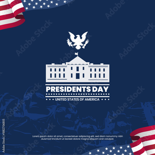 Minimalist Presidents Day USA Social Media Poster with White House, Mount Rushmore Monument and US flag. Best for National Celebrations, Educational poster, Social media flyer and Institution greeting