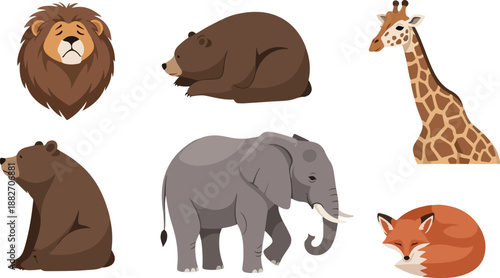 Lion, bear, giraffe, elephant, fox animal set