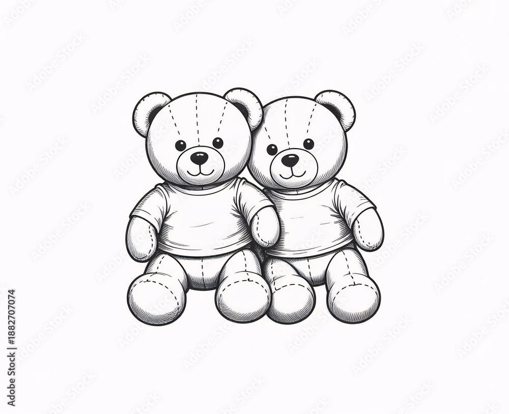 Obraz premium Cute teddy bears sitting together in black and white illustration.
