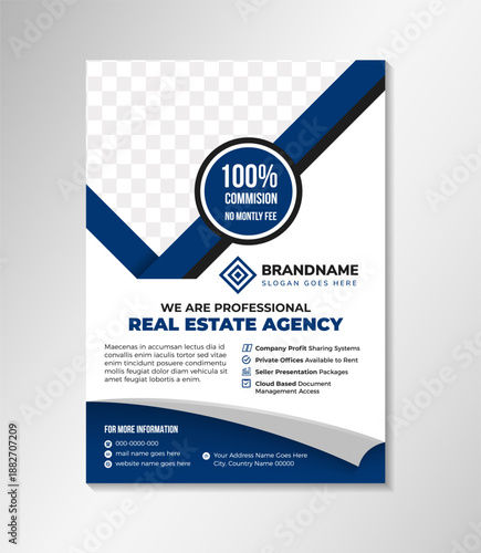 We are professional real estate agency Flyer Template Design on vertical layout. combination blue and black colors on element. vertical layout poster design with photo space and infographic template.