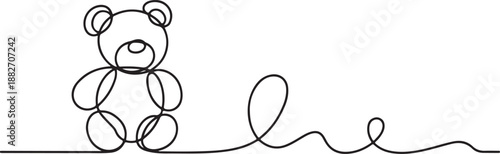 One continuous line drawing of Teddy bear. Soft toy symbol of friendships childrens in simple linear style. Concept for birthday gift and greeting card in editable stroke. Doodle vector illustration