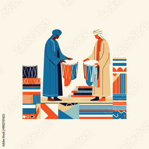 flat vector illustration of two figures arranging traditional drums and textiles