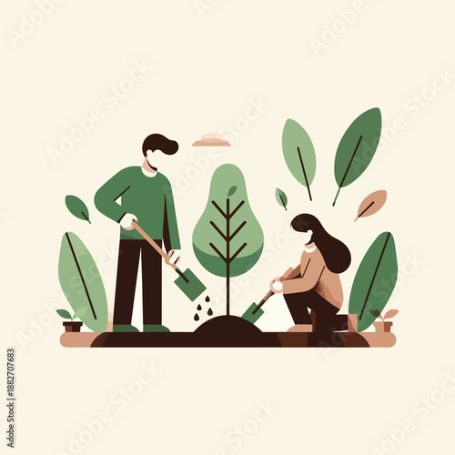 flat vector illustration of two figures planting young trees