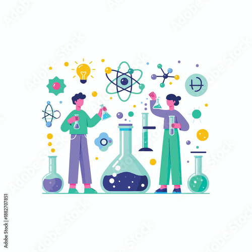 flat vector illustration of two figures conducting simple science experiments