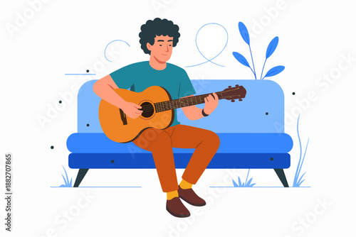 Man Playing Guitar on Sofa Flat Illustration