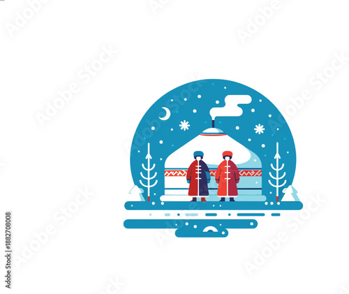 flat vector illustration of two figures in winter clothing beside a yurt