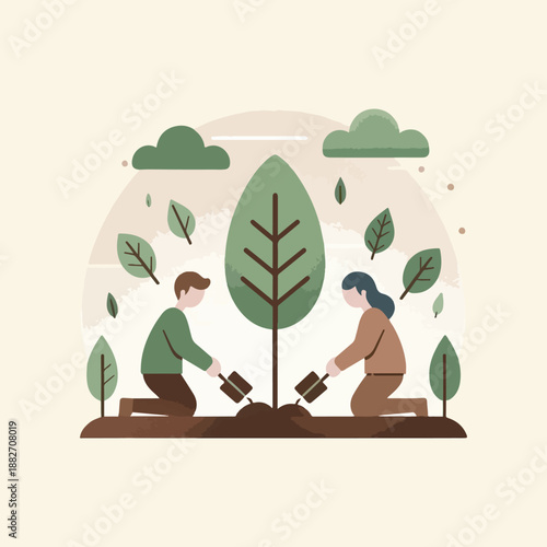 tree planting scene with two flat vector characters