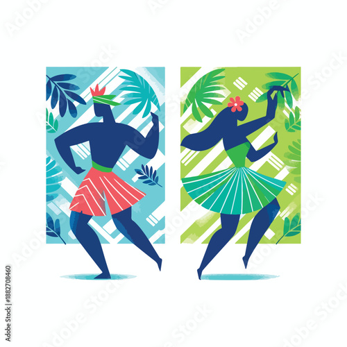 rhythmic island dance scene with minimal flat vector characters