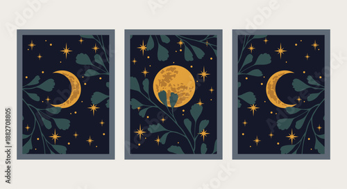 Wall art boho set. Set of alchemy magic posters with moon and stars